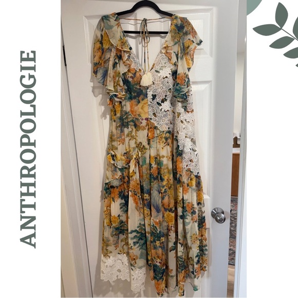 Anthropologie Floral Ruffle Maxi Hi Low Dress - V Neck Lined Romantic Size 20W - Picture 7 of 13